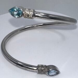 Thai 925 sterling silver 2 blue topaz 12 diamond 2.96CTW bangle wrap bracelet